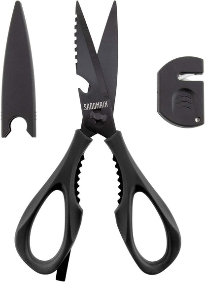Kitchen Scissors All Purpose, Extra Sharp Kitchen Shears with Knife Sharpener & Sheath, Solid & Durable Stainless Steel Scissors with ANTI-RUST Black Titanium Plated, Dishwasher Safe - Green
