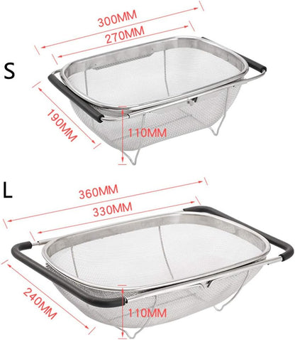 Stainless Steel Colander Strainer, Collapsible Colander with Expandable Rubber Handles, Rectangular Sieve Fine Mesh Kitchen Strainers (SIZE:L)