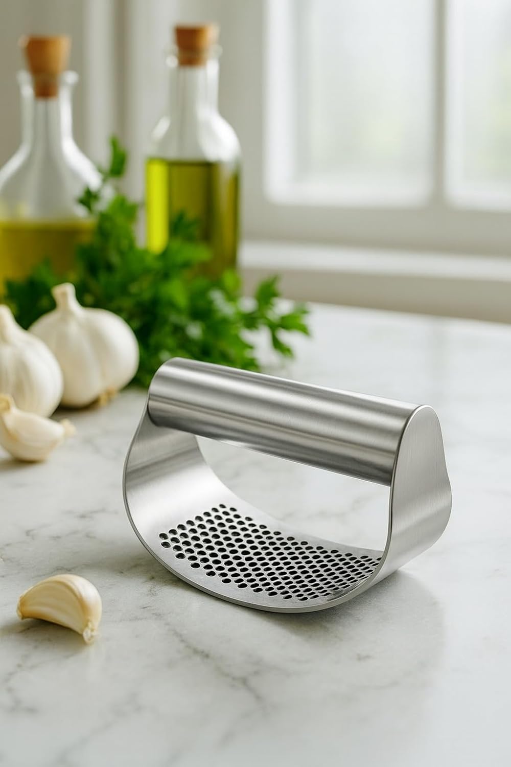 Angel's Peel Lounge Stainless Steel Garlic Press Rocker Set with Silicone Garlic Peeler & Cleaning Brush – Garlic Chopper, Mincer, Grater, Crusher – Easy for Crushed Cloves – Rust-Resistant, Black