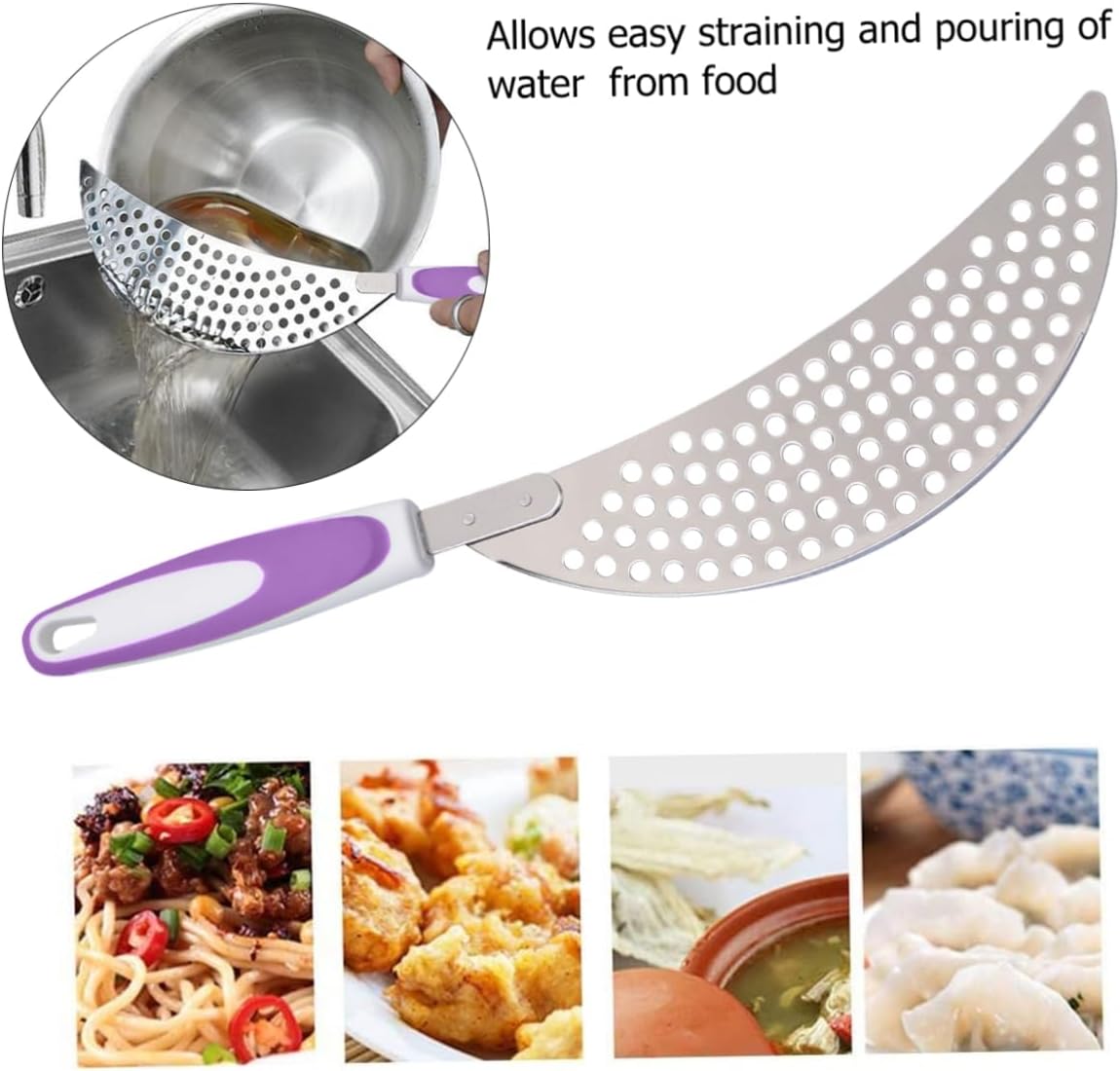 LABRIMP 14.57 Inch Stainless Steel Pot Strainer with Handle Pan Drainer Clip-on Kitchen Pasta Draining Tool for Safe Water Separation and Food Straining