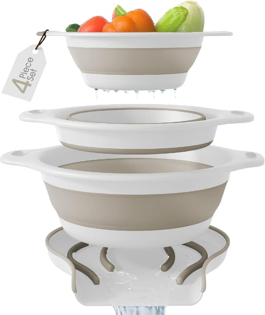 Gevoli Collapsible Colanders with Self-Draining Base for Edge of Sink, Food Strainers (Small/Med/Large), Nested Design for Easy Storage (Red, Blue, Green) (4PC Set)