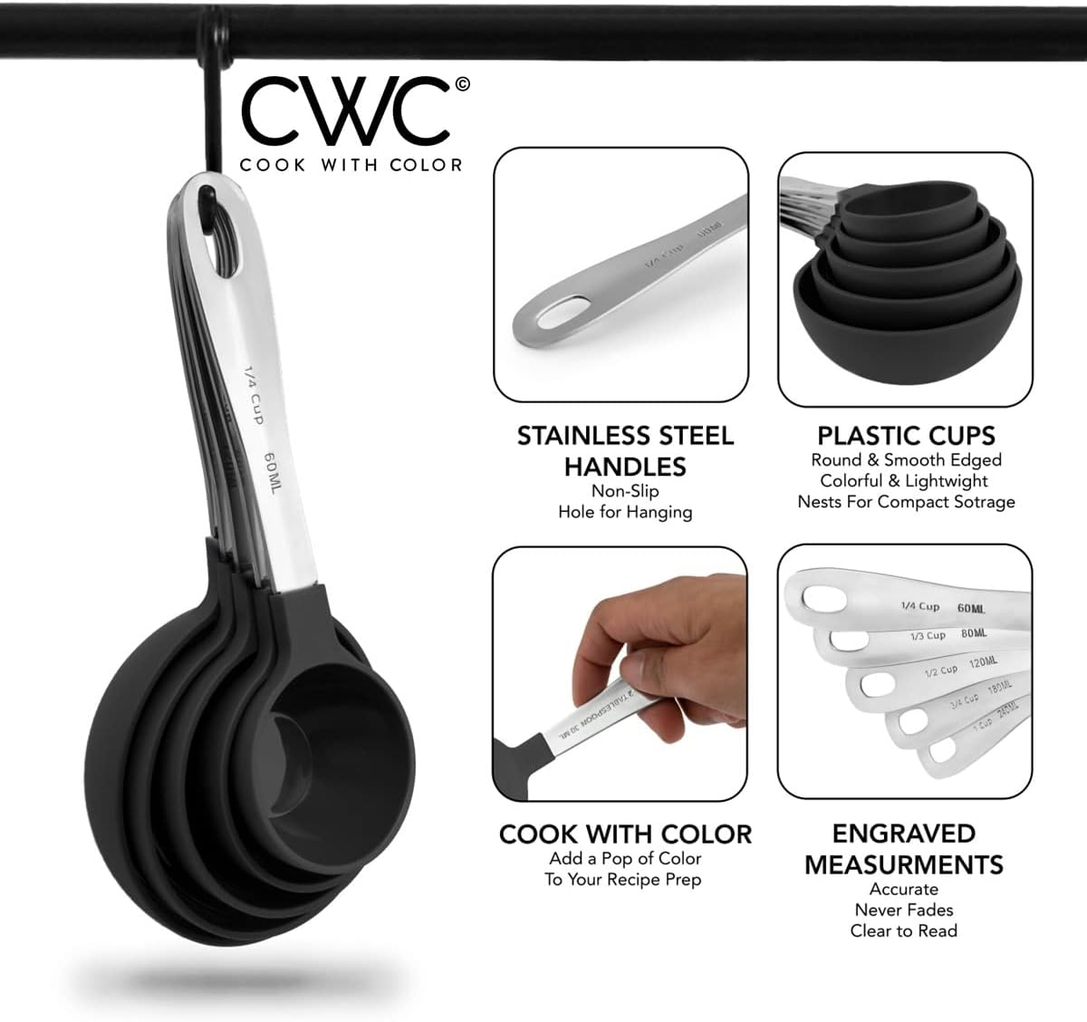 COOK WITH COLOR Measuring Cups Set and Measuring Spoon Set, Stainless Steel Handles, Nesting Kitchen Measuring Set, Liquid Measuring Cup Set, 12 PC Stainless Steel, Gray