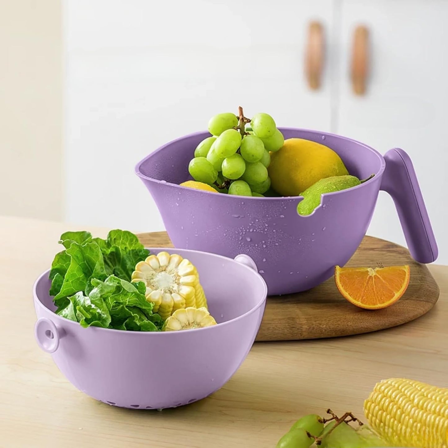 2-1 Kitchen Colander Rotating Washing Basket with Handle - Pasta Strainer - Fruit Washing Bowl with Strainer - Fruit Rinser Container (Avocado Green)