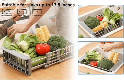Adjustable Dish Drying Rack with Stainless Steel Drain Basket Over-The-Sink - Portable & Telescopic Space-Saving Solution for Fruit Vegetable