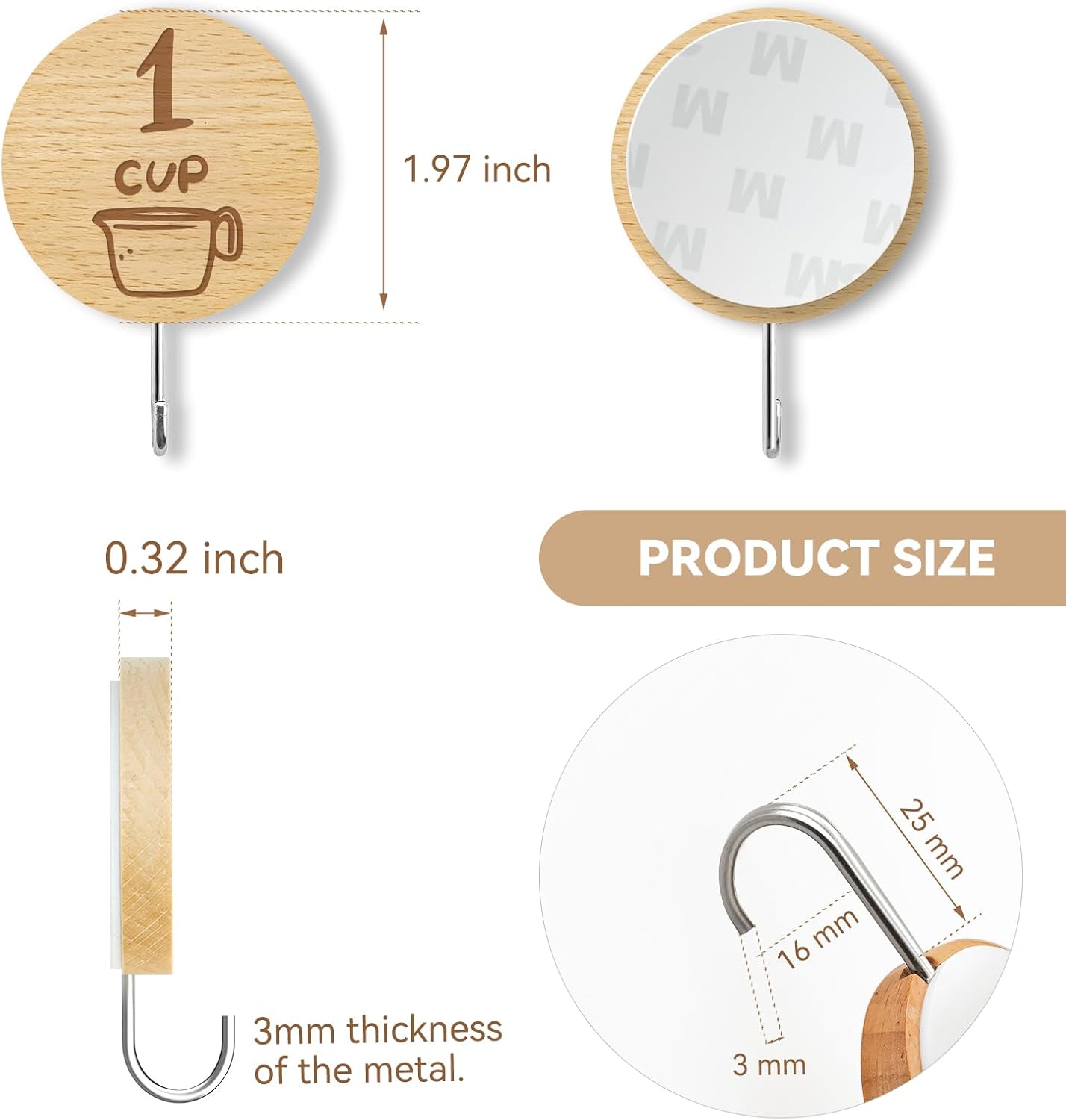 Measuring Cup and Spoon Organizer, 12 Pack Adhesive Wood Hooks for Hanging, Kitchen Hooks for Space Saving Storage