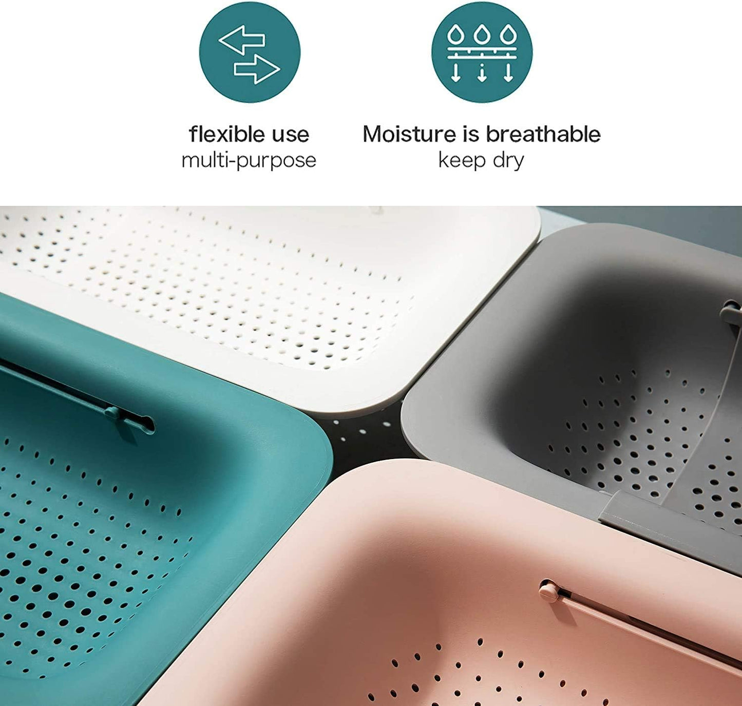 Extendable Strainer Basket Over the Sink Colander Vegetables Noodle Pasta Food Drain Basket Space Saver Portable Drainer (Grey)