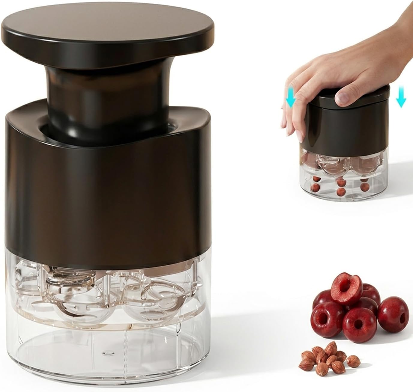Cherry Pitter Tool, Multi Cherry Seed Remover Pits 7 Cherries at Once, Food-Grade Cherry Core Remover with Splash Guard Container, for Jam, Dessert, Baking (White)