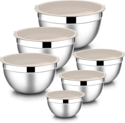 E-far Mixing Bowls with Lids, 6-Piece Stainless Steel Salad Bowls Metal Nesting Bowls for Baking Cooking and Prepping, Airtight Lids & Stackable Design, Size 4.5, 3, 1.5 QT (Black)