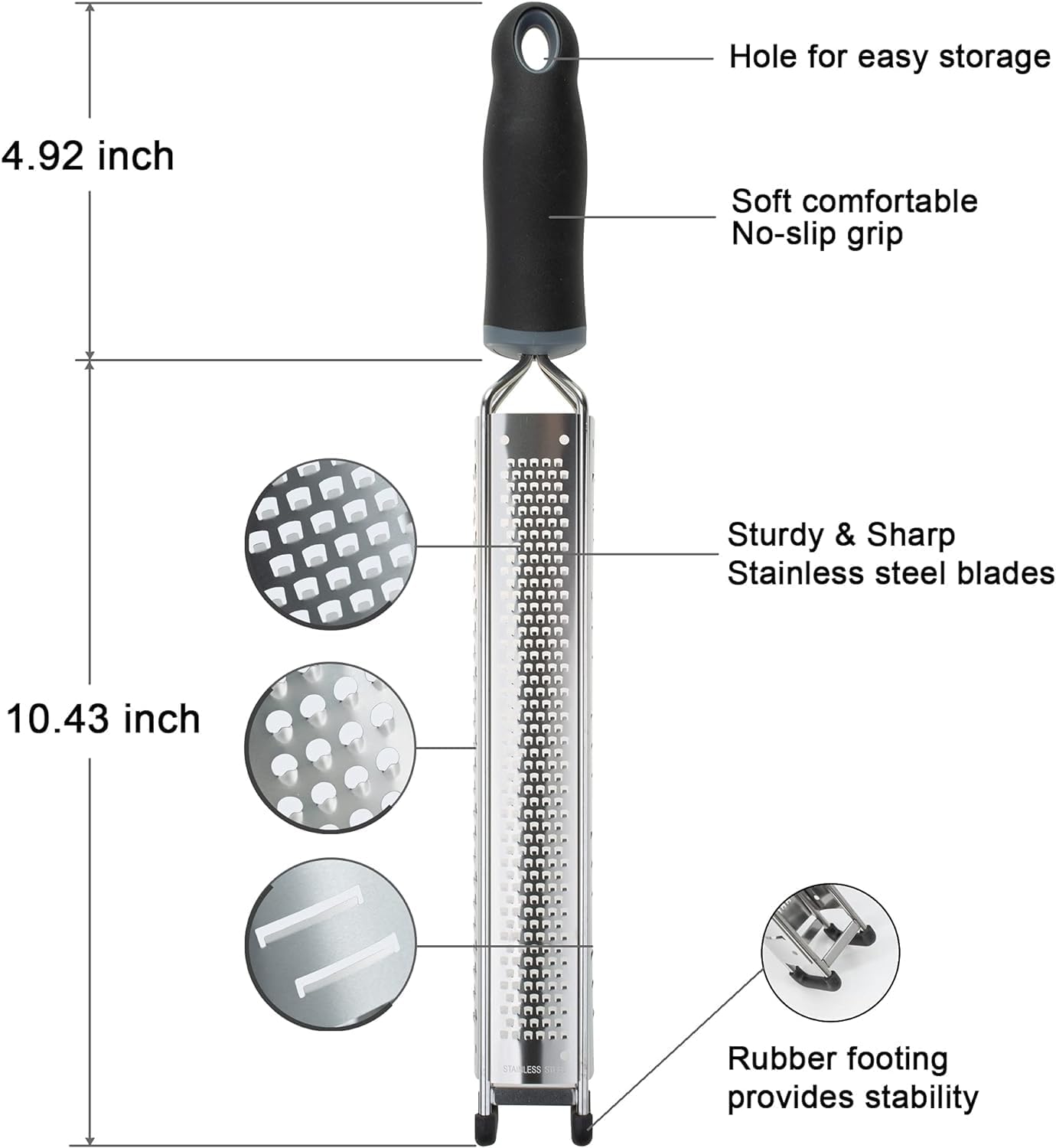 Lemon Zester, Stainless Steel Kitchen Cheese Grater, Plastic Cover Ergonomic Soft Black Handle