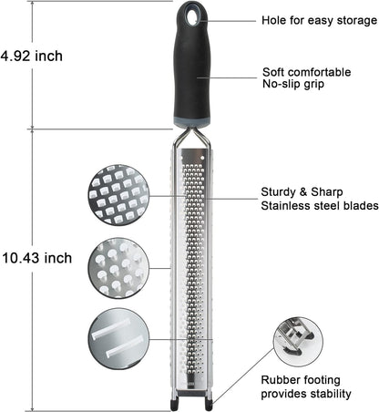 Lemon Zester, Stainless Steel Kitchen Cheese Grater, Plastic Cover Ergonomic Soft Black Handle