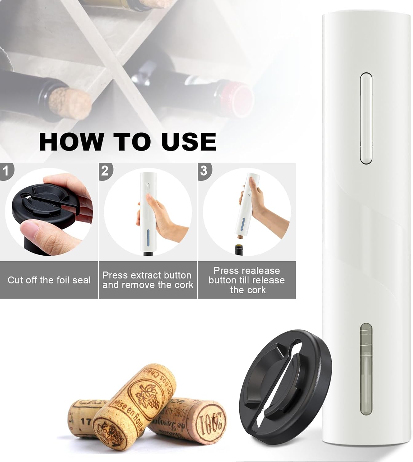 COKUNST Electric Wine Opener, Battery Operated Wine Bottle Openers with Foil Cutter, One-click Button Corkscrew Remover for Home Kitchen Party Wedding