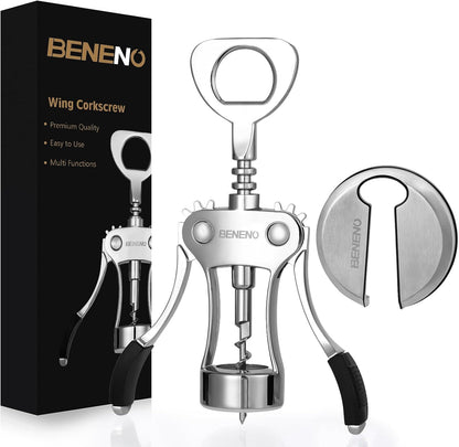 Beneno Wine Opener, Zinc Alloy Premium Wing Corkscrew with Multifunctional Bottles Opener, Sharp Wine Corkscrew with Ergonomic Non-Slip Wing Handle, Silver