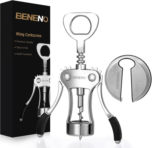 Beneno Wine Opener, Zinc Alloy Premium Wing Corkscrew with Multifunctional Bottles Opener, Sharp Wine Corkscrew with Ergonomic Non-Slip Wing Handle, Silver