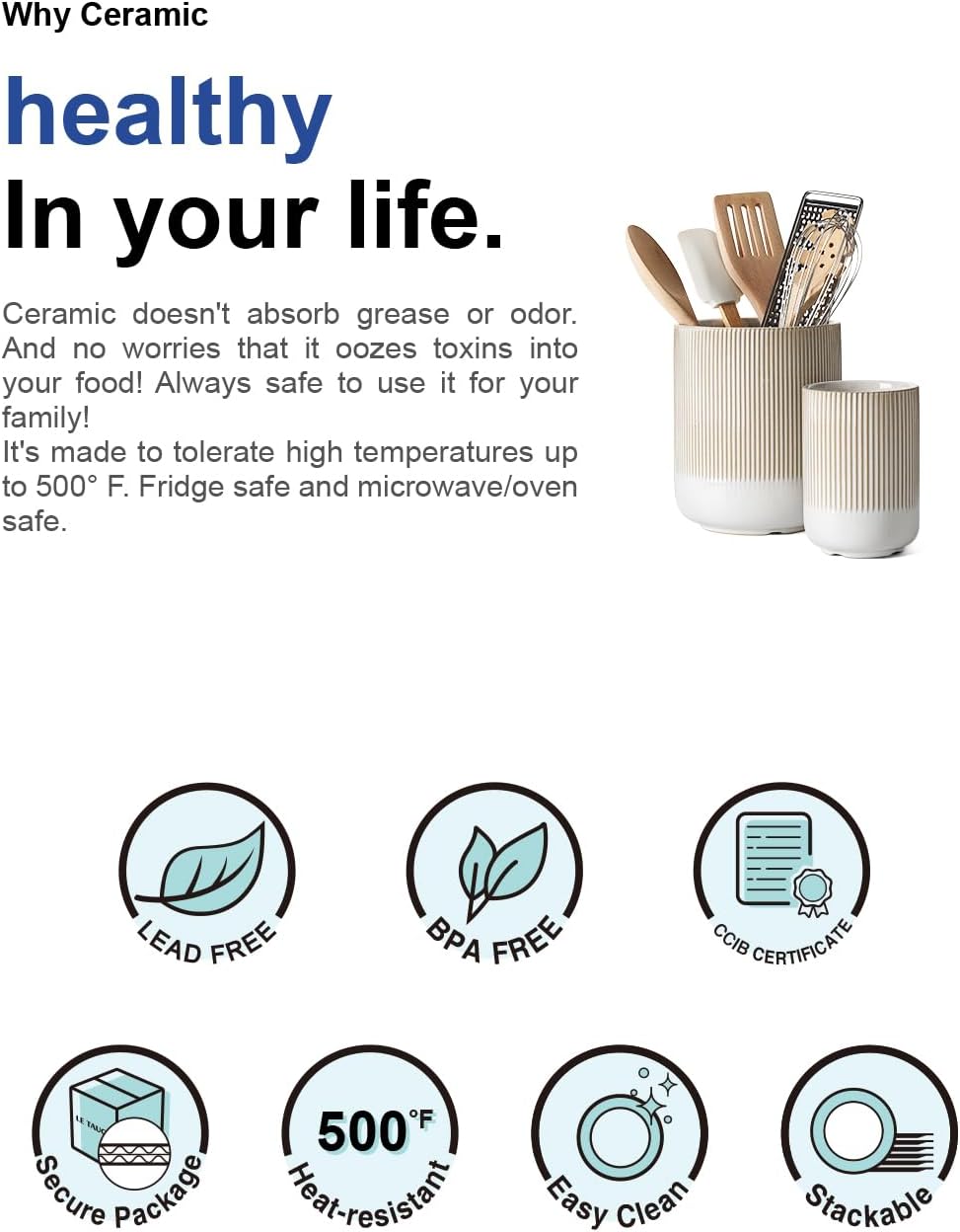 LE TAUCI Utensil Holder for Kitchen Counter, 7.3"+5.4" Fluted Ceramic Utensil Crock Organizer for Countertop, Heavy Large Holder for Spatulas, Spoons, Set of 2, White, Kitchen Counter Decor