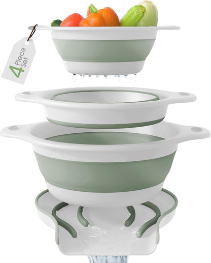 Gevoli Collapsible Colanders with Self-Draining Base for Edge of Sink, Food Strainers (Small/Med/Large), Nested Design for Easy Storage (Red, Blue, Green) (4PC Set)