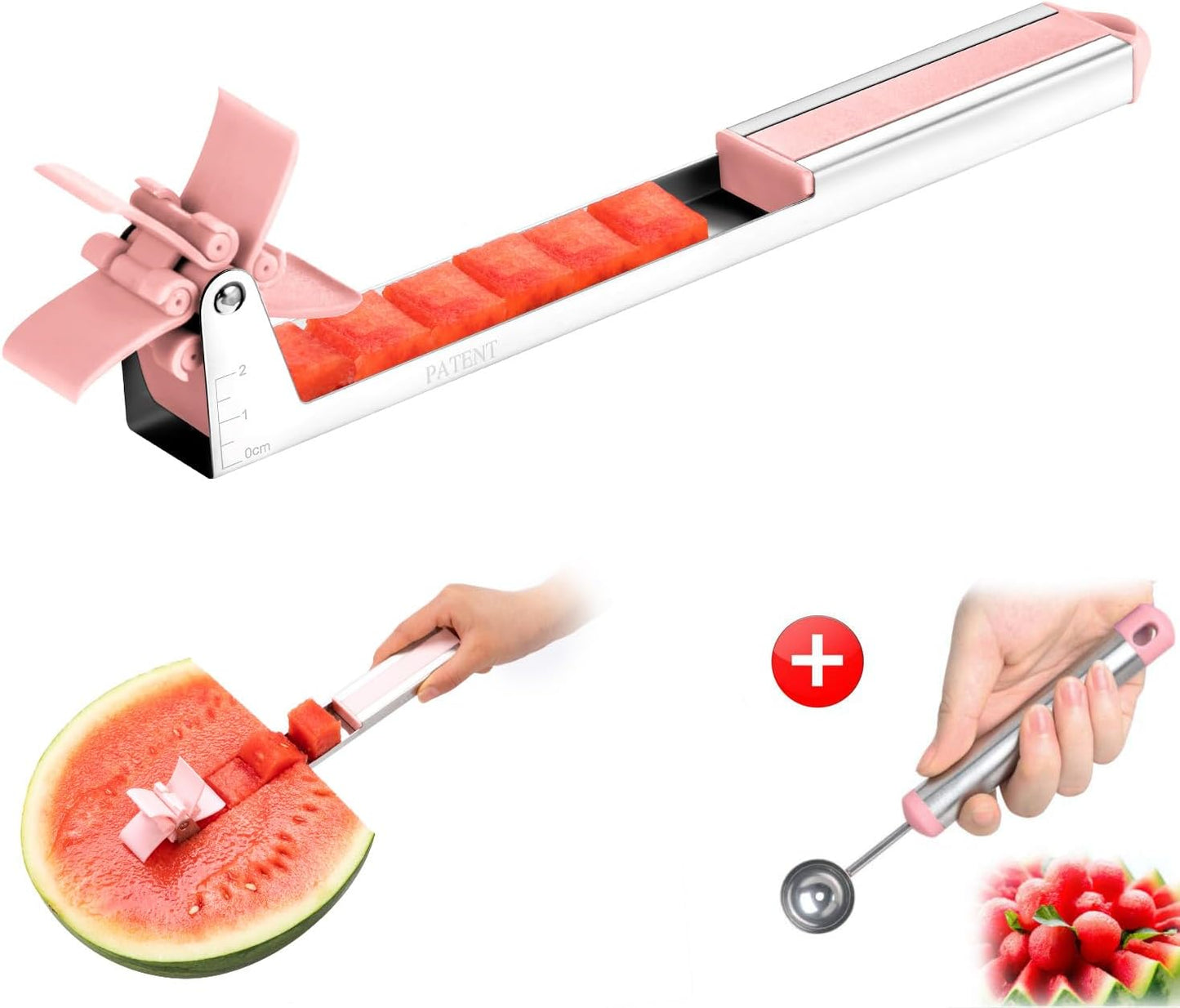 Watermelon Slicer Watermelon Cube Cutter Knife Corer Windmill Stainless Steel Watermelon Fruit Tools with Melon Baller Scooper Easy Slicer Unique Kitchen Gadgets Watermelon Knife Home Gift (Pink)