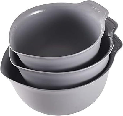 KitchenAid Universal Nesting Plastic Mixing Bowls, Set Of 3, 2.5 quart, 3.5 quart, 4.5 quart, Non Slip Base with Easy Pour Spout to Reduce Mess, Dishwasher Safe, Aqua Sky, White, Gray