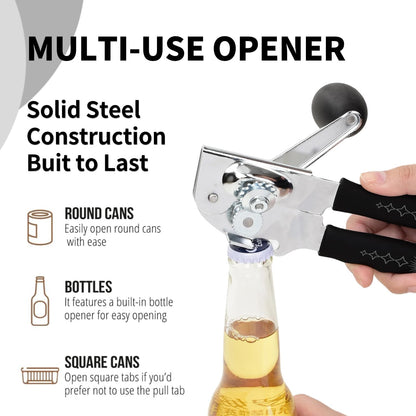 Manual Can Opener with Magnet, Heavy Duty Hand Can and Bottle Opener with Stainless Steel Blade and Rubber Grip, Smooth Cutting Hand Can Openers for Senior, Magnetic Lid Remover Kitchen Tool (Black)