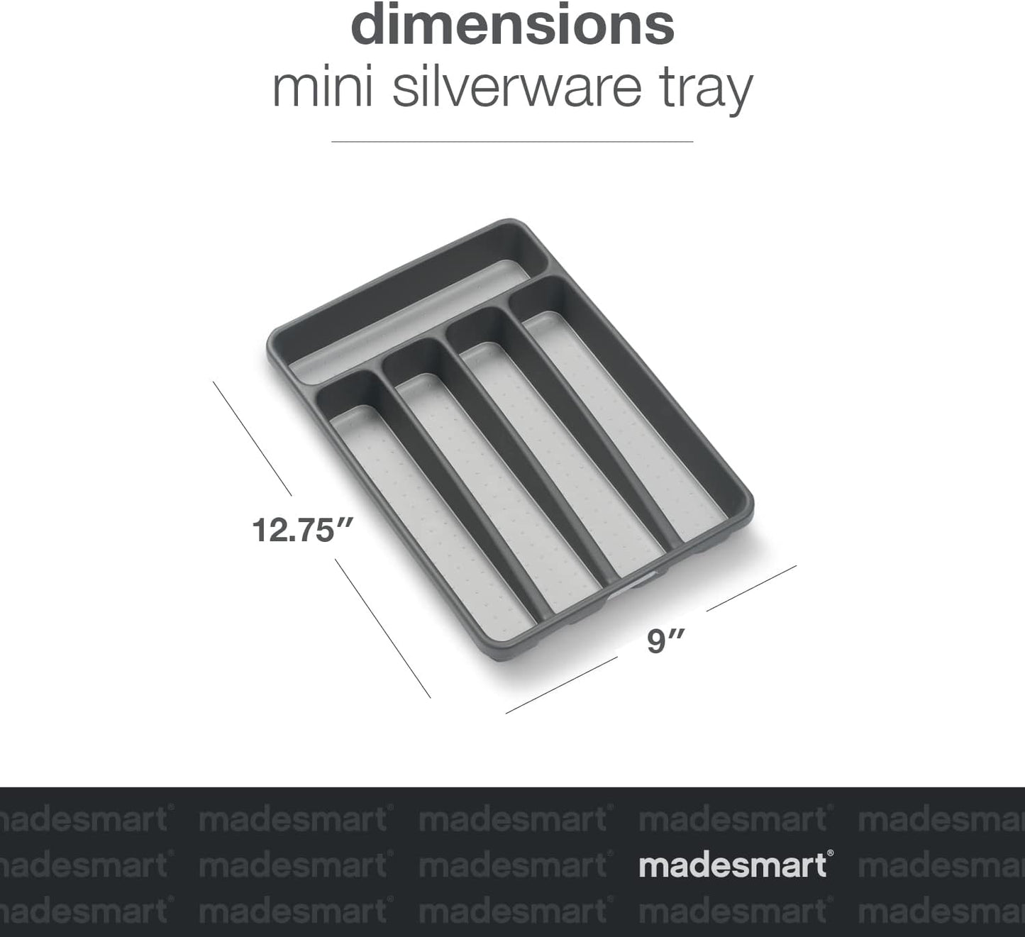 madesmart Small Silverware Tray, 5 Compartment Flatware Organizer for Forks, Knives & Spoons, Non Slip, Soft Grip Lining, Fits Small Drawers, Granite