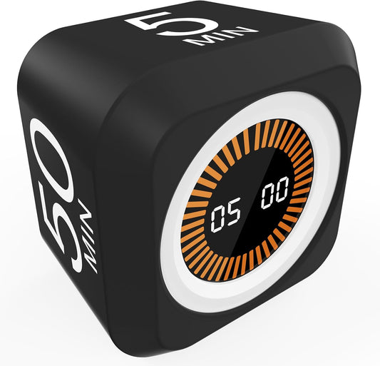 Rotating Cube Pomodoro Visual Timer 5, 25, 10 50 Minutes Preset, Rechargeable Desk Productivity Flip Custom Countdown Timer w/Silicone Cover, Silent Mode for ADHD Study, Work, School(Orange)