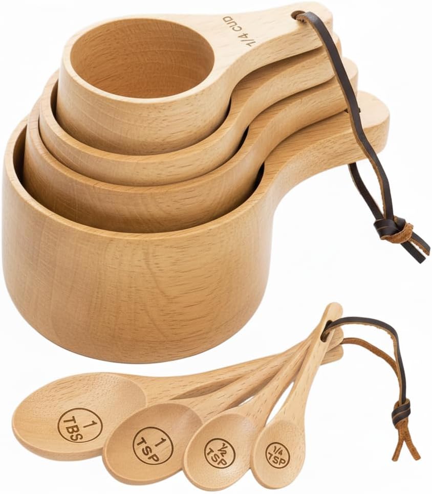 Wooden Measuring Cups and Spoons Set - Eco-Friendly Solid Acacia Wood, Laser Engraved Measurements, Perfect for Baking & Cooking - Ideal for Bakers, Chefs & Home Cooks（brown）