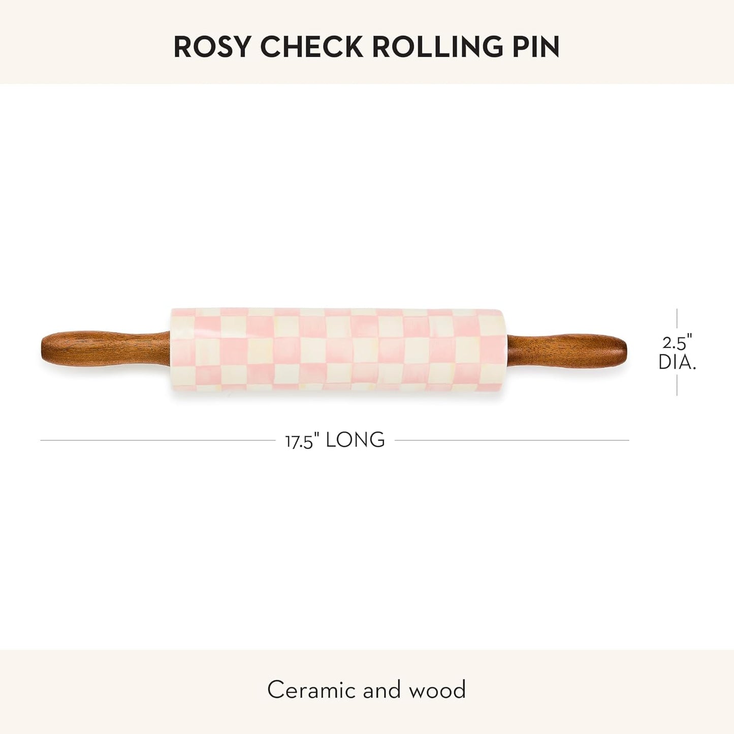 MACKENZIE CHILDS Ceramic Rolling Pin, Decorative Roller Pin for Baking, 17.5 Inches, Black-and-White Courtly Check