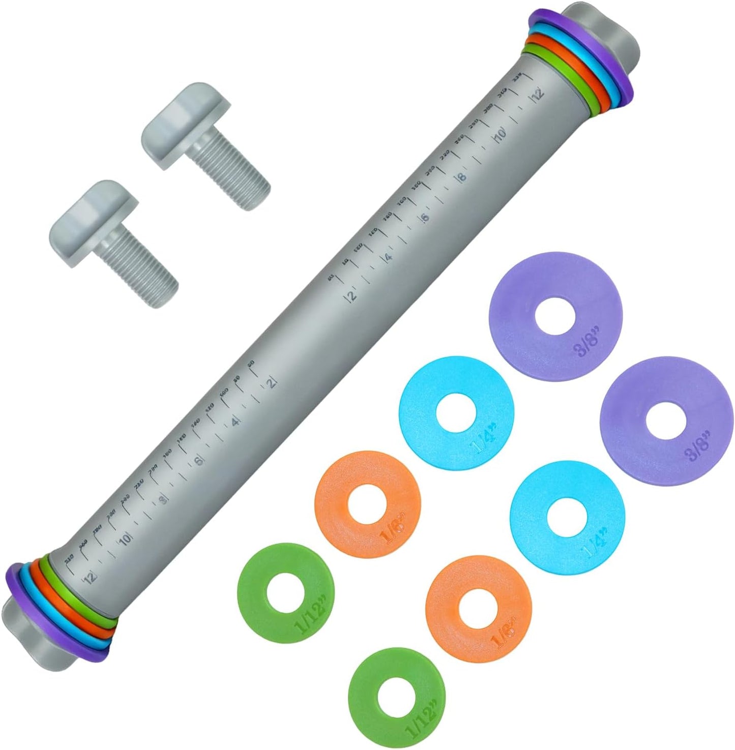 Adjustable Rolling Pin with Thickness Rings, 12.8" Silicone Non-Stick Dough Roller with Stainless Steel Core, Consistent Thickness Baking Tool for Pizza, Pastry, Cookies & Pie Crust