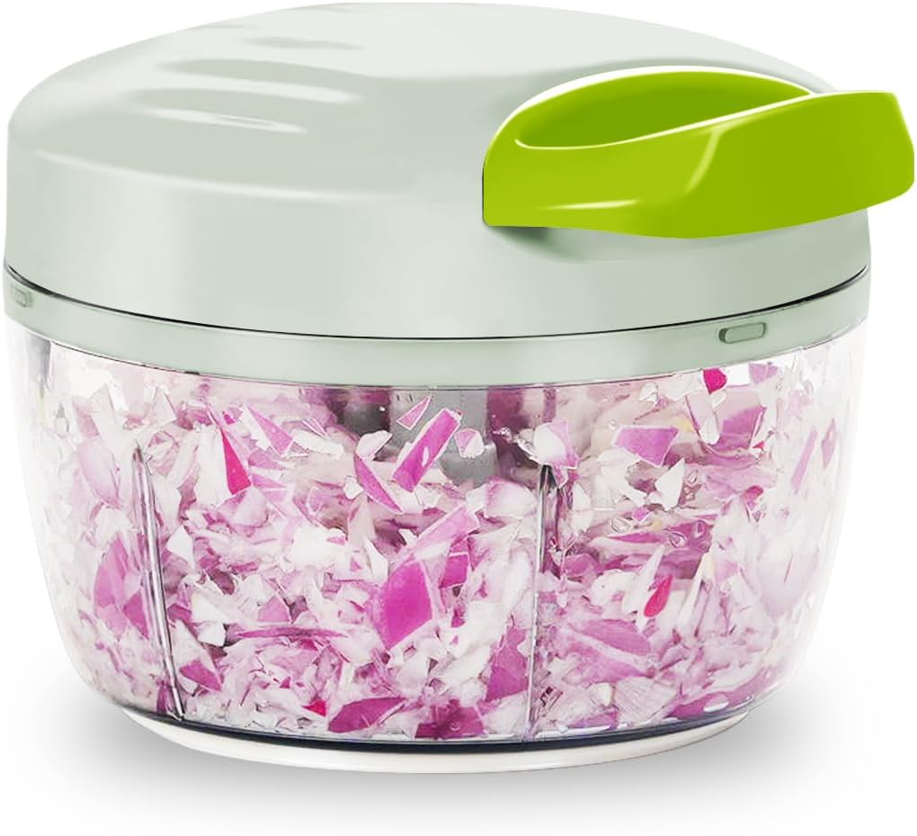 Manual Food Processor & Vegetable Chopper White - 2.3 Cup Mini Hand-Pull Cord Kitchen Chopper for Onion, Garlic, Vegetables with 3 Stainless Steel Blades