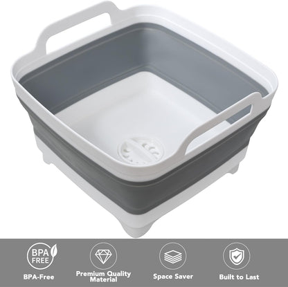 Tiawudi Dishpan for Washing Dishes, 2.4Gal/9L Wash Basin with Draining Plug Carry Handles, Collapsible Bucket for Cleaning, Portable Sink, Foldable Plastic Tub, 1PC