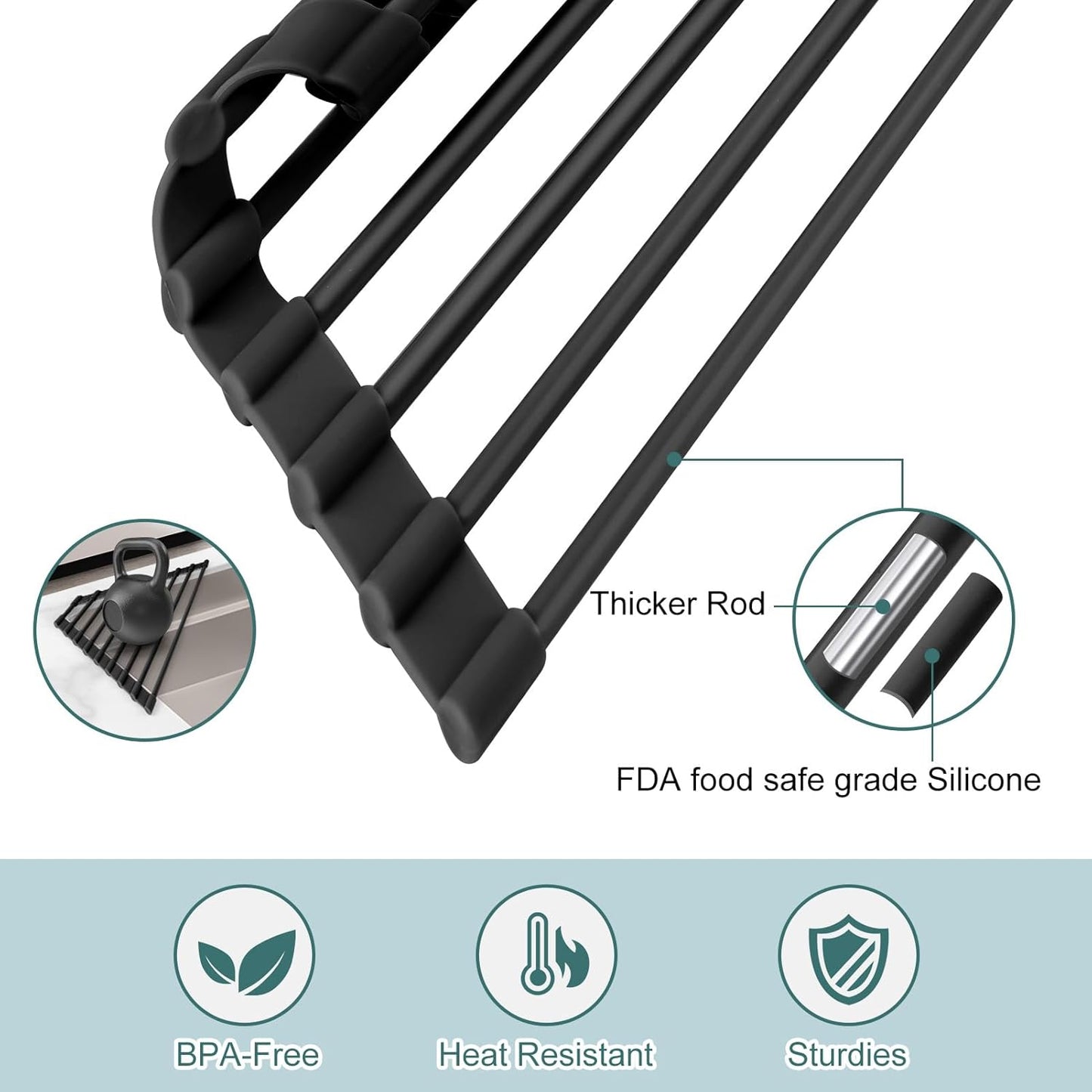 MERRYBOX Roll Up Over The Sink Dish Drying Rack Silicone Wrapped Foldable, Heat-Resistant, Anti-Slip Sink Rack Multipurpose Dish Drainer for Kitchen Sink Counter - White, 17.5" x 11"