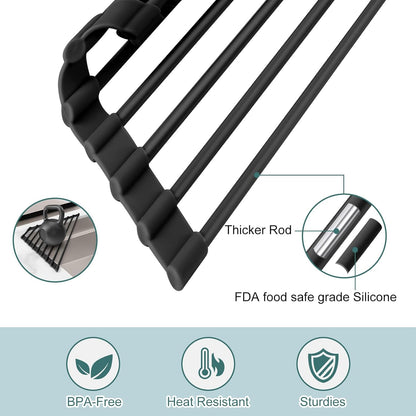 MERRYBOX Roll Up Over The Sink Dish Drying Rack Silicone Wrapped Foldable, Heat-Resistant, Anti-Slip Sink Rack Multipurpose Dish Drainer for Kitchen Sink Counter - White, 17.5" x 11"