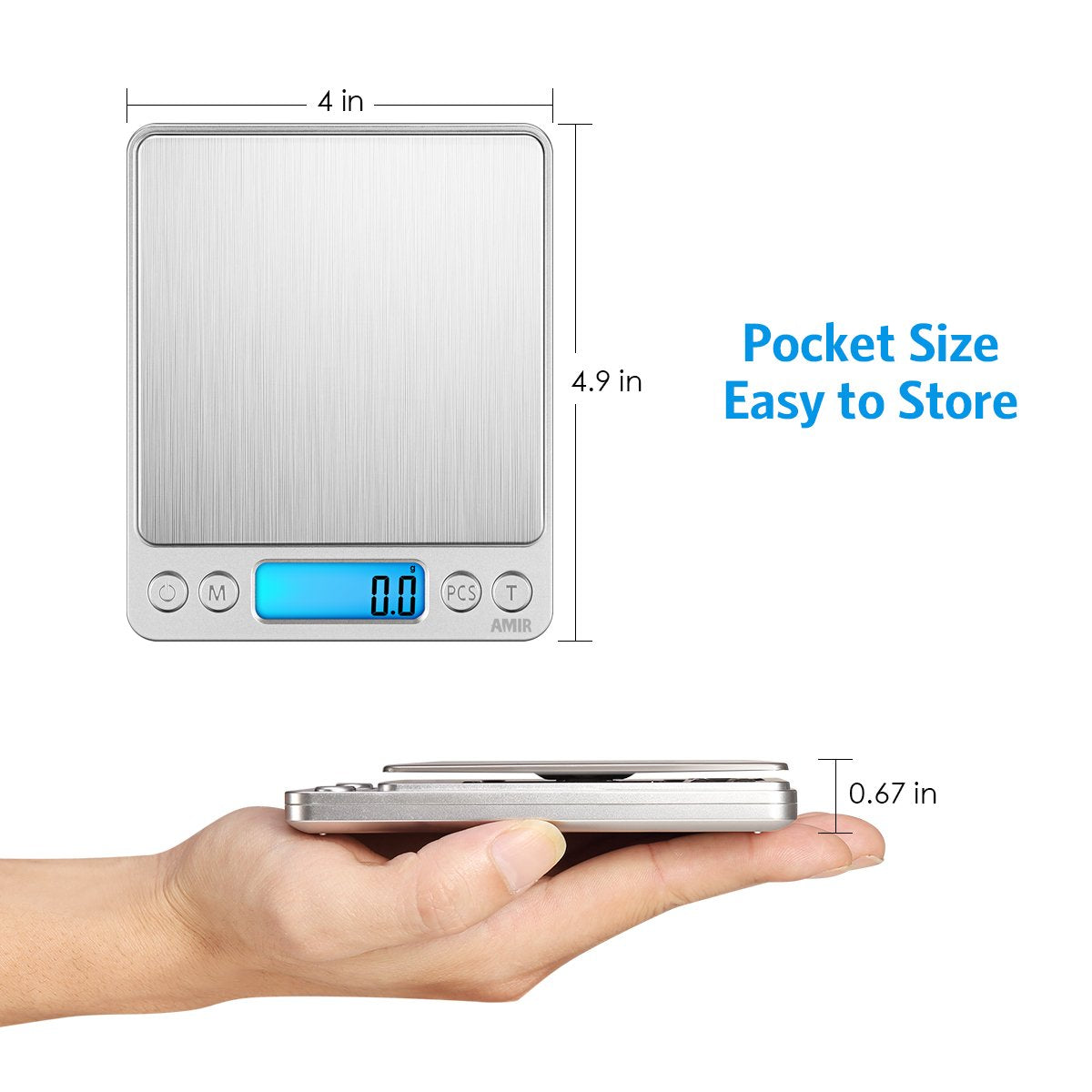 AMIR Digital Kitchen Scale, 3000g 0.01oz/ 0.1g Pocket Coffee Scale, Mini Food Scale, Pro Electronic Jewelry Scale with Back-Lit LCD Display, Tare & PCS Functions, Stainless Steel, Batteries Included