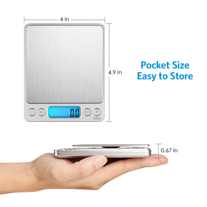 AMIR Digital Kitchen Scale, 3000g 0.01oz/ 0.1g Pocket Coffee Scale, Mini Food Scale, Pro Electronic Jewelry Scale with Back-Lit LCD Display, Tare & PCS Functions, Stainless Steel, Batteries Included