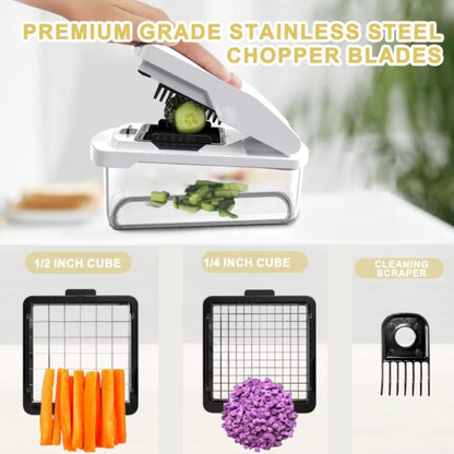 Vegetable Chopper with Container - 15-in-1 Mandoline Slicer, Food Dicer, Onion Cutter & Cheese Grater - Manual Veggie Chopper with Storage, Stainless Steel Blades