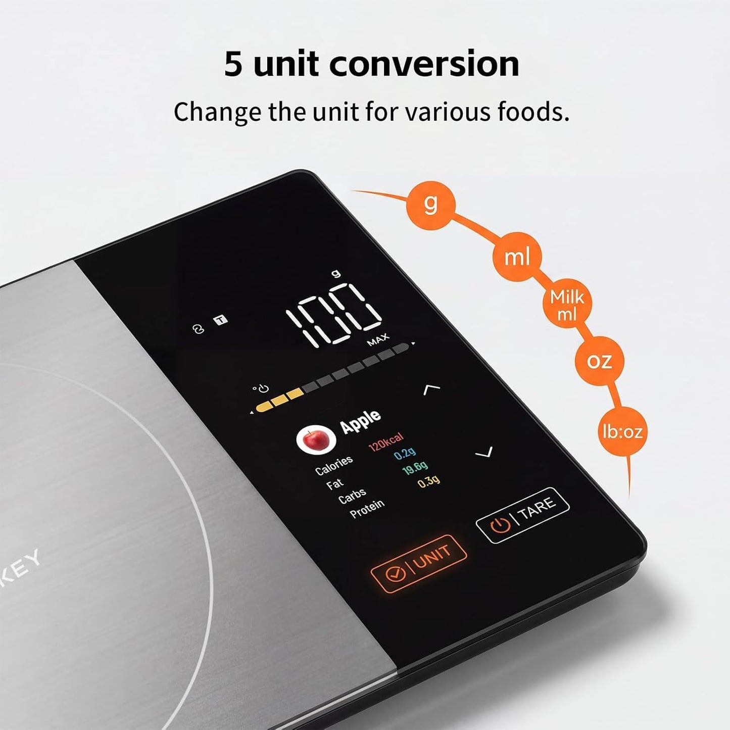 TFT Dual Display Smart Nutrition Scale with App, Tracks Calories, Fat, Carbs & Protein, 1g Precision, 5kg/11lb, 50 Foods 24 Nutrients, for Meal Prep, Keto & Healthy Diet
