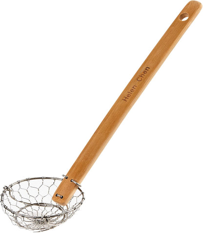 Helen's Asian Kitchen Spider Strainer, 5-Inch Stainless Steel Mesh Basket With Bamboo Handle, For Noodles, Dumplings, Wontons, Deep Frying, And Draining Tasks