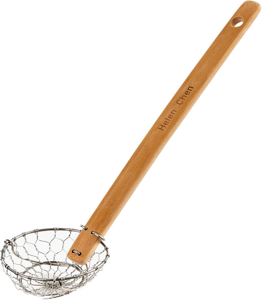 Helen's Asian Kitchen Spider Strainer, 5-Inch Stainless Steel Mesh Basket With Bamboo Handle, For Noodles, Dumplings, Wontons, Deep Frying, And Draining Tasks
