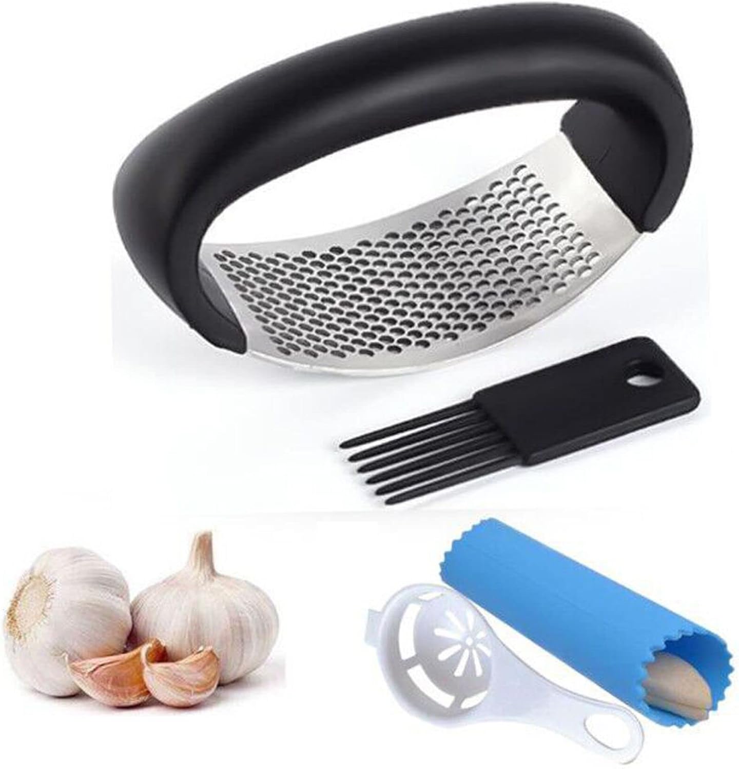Garlic Press Rocker - Stainless Steel Garlic Crusher, Chopper, Mincer with Silicone Garlic Peeler, Mini Brush Tools For You (Black)