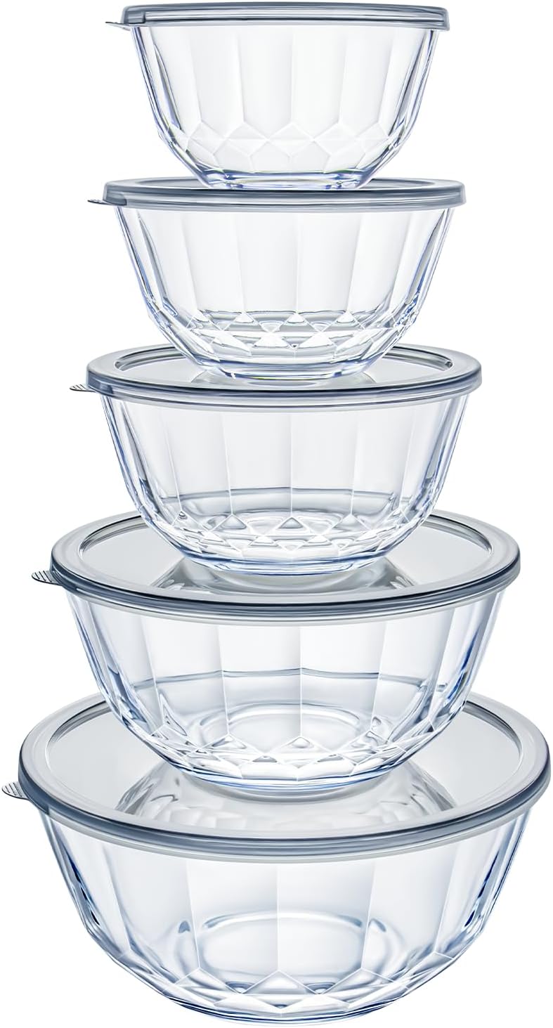 Luvan Glass Mixing Bowls with Lids Set(4.5QT, 2.7QT, 1.1QT)-Large Glass Mixing Bowls, Clear Salad Bowl for Baking, Cooking, Serving, Food Prep, 3PC Nesting Bowls for Kitchen Storage & Dishwasher Safe