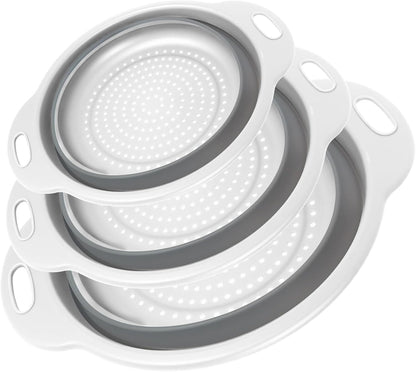 Collapsible Colander 3-Pack Set Space-Saving Foldable Kitchen Strainer with Non-Slip Base Durable Thickened PP+TPE Collapsible Strainers for Pasta, Vegetables, Fruits (Gray-White)