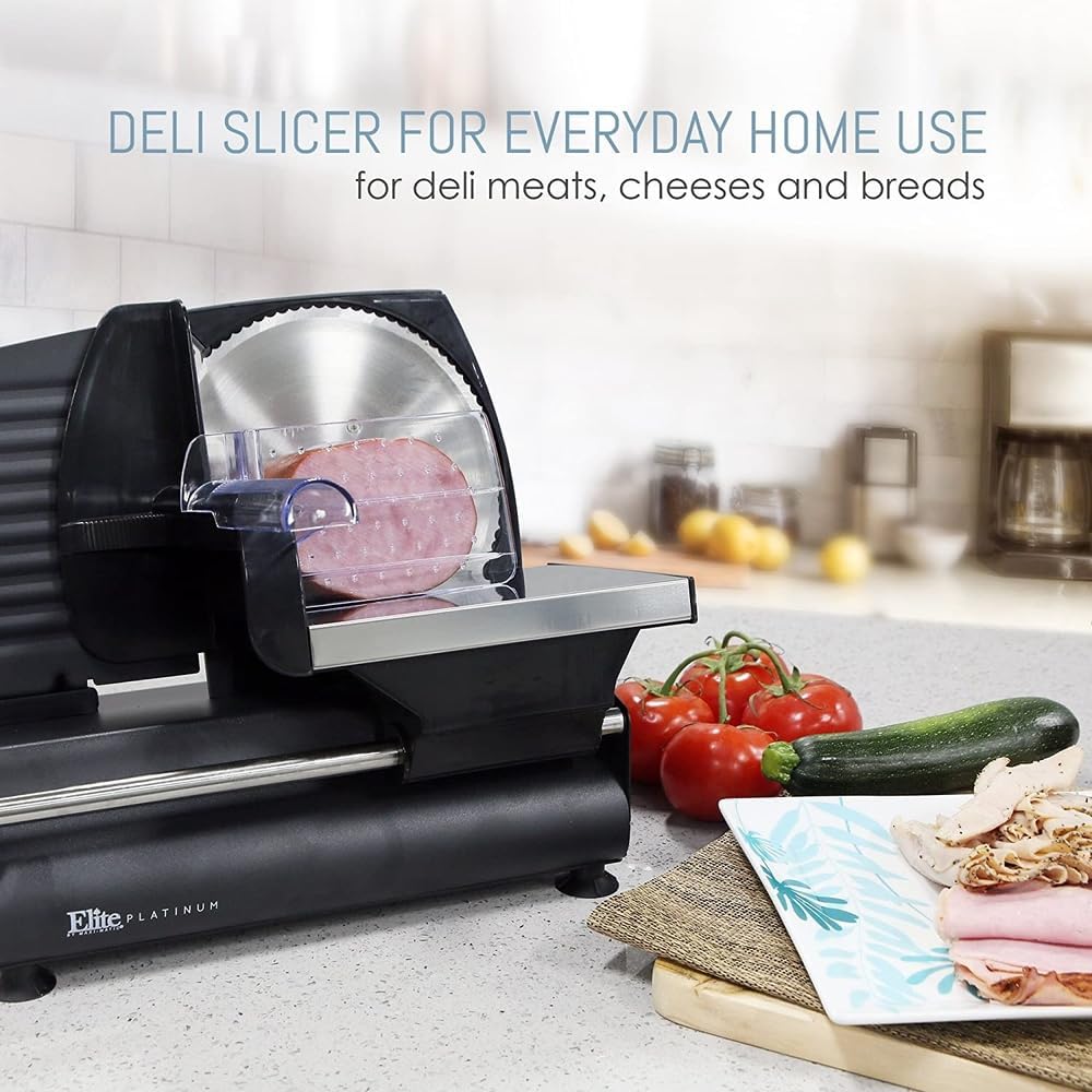 Elite Gourmet EMT-625B Ultimate Precision Electric Deli Food Meat Slicer Removable Stainless Steel Blade, Adjustable Thickness, Ideal for Cold Cuts, Hard Cheese, Vegetables & Bread, 7.5”, Black