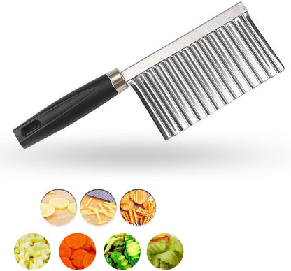 Crinkle Cutter Knife Stainless Steel Cutting Tool for Potato Carrot Chip Vegetable French Fry, Wavy Chopper Wave Slicer Steel Blade, Kids Lunch Accessories (Longer Red Handle)