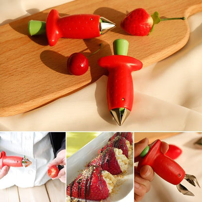 Slowtee 3pcs Strawberry Slicer/Cutter/Corer, Strawberry Huller Fruit Leaf Stem Remover Salad Cake Tools for Kitchen Gadget Accessories, 2 Leaf Stem Removers, 1 Cutter