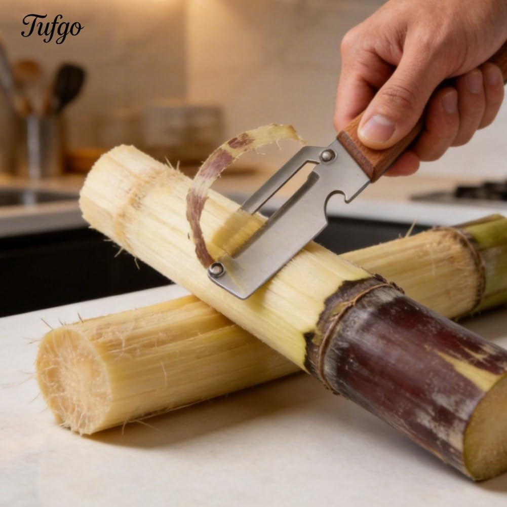 2 Pack 2 in 1 Multi Functional Vegetable Peeler with Bottle Opener and Wooden Handle Stainless Steel Blade Kitchen Tool for Sugar Cane Potato Fruit Pineapple Pumpkin Papaya Carrot Veggie Peeler