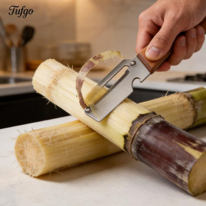 2 Pack 2 in 1 Multi Functional Vegetable Peeler with Bottle Opener and Wooden Handle Stainless Steel Blade Kitchen Tool for Sugar Cane Potato Fruit Pineapple Pumpkin Papaya Carrot Veggie Peeler