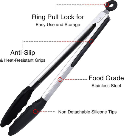 Kitchen Tongs Set of 3, Cooking Tongs with Silicone Tips, Non-Stick Non-Scratch Heat Resistant Tongs for Grilling Cooking BBQ Salad Serving (Multicolor, 7/9/12 Inch)