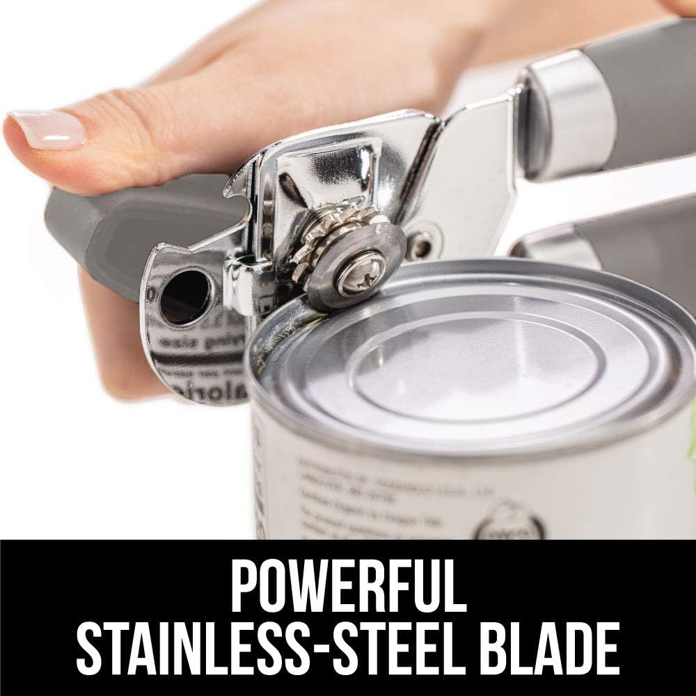 Gorilla Grip Manual Handheld Strong Can Opener, Sharp Cutting Wheel for Smooth Edge Cut, Oversized Easy to Use Turn Knob, Comfortable Soft Handle, Includes Built in Bottle Opener, Salt Gray