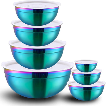 Red Mixing Bowls with Lids Set of 7, Stainless Steel Nesting Bowl with Khaki Lid for Non-slip Mixing Prepping Storing Serving, 7 Sizes-7/3.6/2.7/2.1/1.5/1/0.8 QT