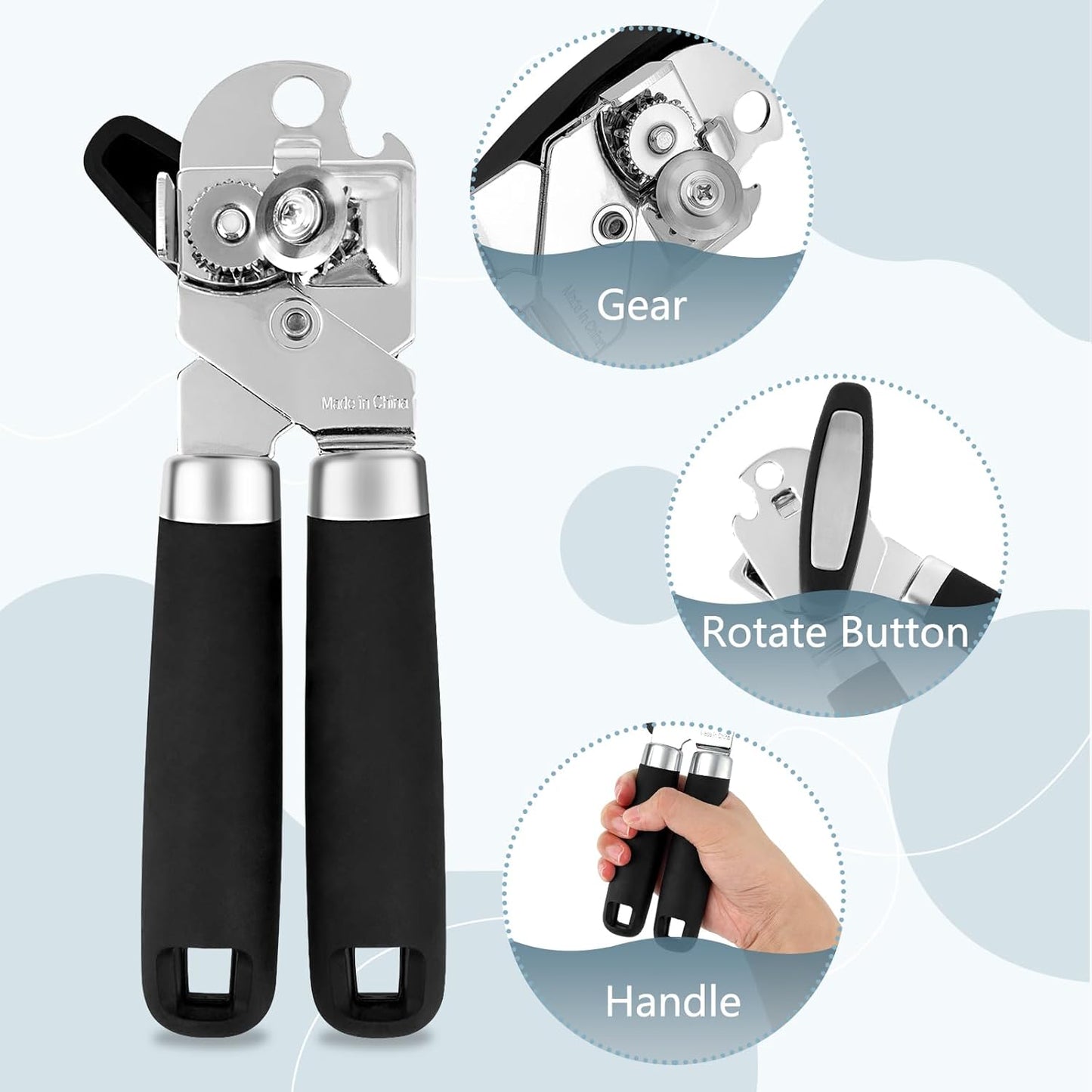 KTOJOY Heavy Duty Stainless Steel Smooth Edge 3-In-1 Multifunctional Manual Strong Can Bottle Opener – Soft-Grip Black