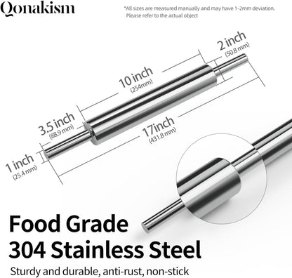 Rolling Pin (17 Inches) –304 Stainless Steel Roll Pins for Baking Pizza Dough Pie Cookie-Dough Roller& Smooth Construction - Essential Kitchen Utensil